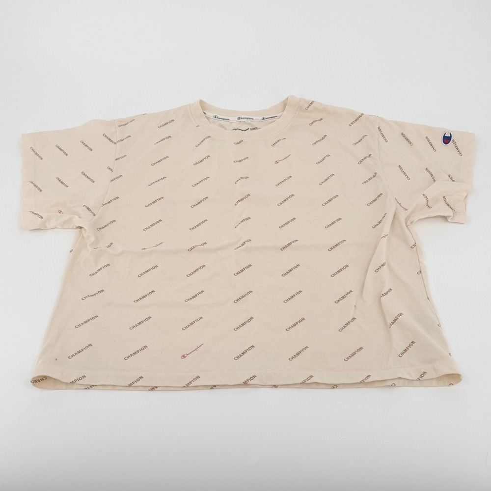 Champion Womens Boxy Cropped T-Shirt Cream All Over Logo Print Size Large